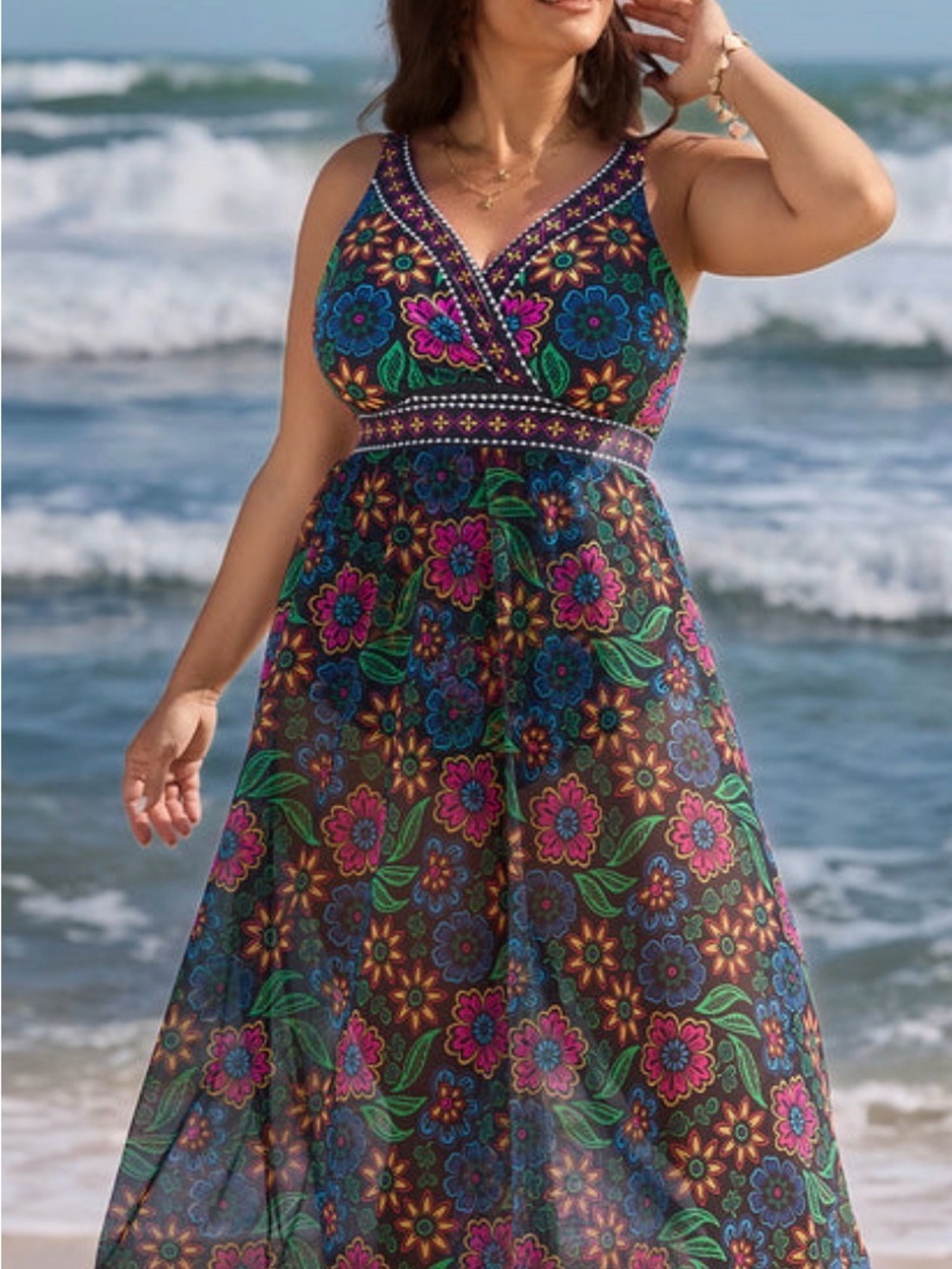 BloomChic Floral V-Neck Maxi Dress in Blue, Pink, Green